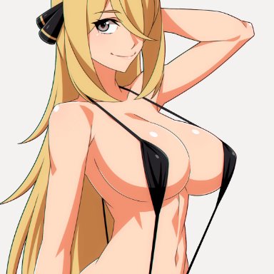 nintendo, pokemon, pokemon dppt, cynthia (pokemon), ra pen, 1girls, big breasts, bikini, blonde hair, breasts, eye contact, female, grey eyes, hair ornament, long hair