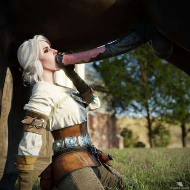 the witcher, ciri, 5 fingers, animal genitalia, balls, big penis, brown body, brown fur, closed eyes, clothed, clothing, duo, equid, equine, erection