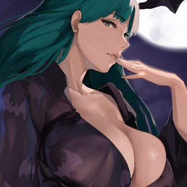 capcom, darkstalkers, vampire (game), vampire savior, morrigan aensland, green eyes, green hair, kimono, moon, moonlight, succubus, wings, wings on head