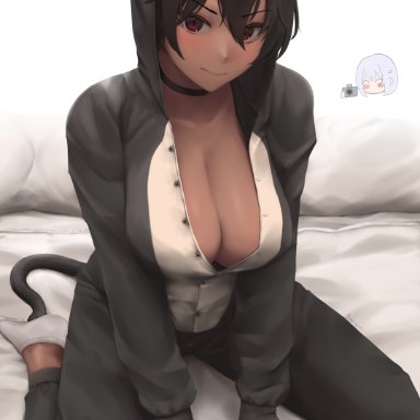 eko.art, 1girls, black hair, blush, breasts, cat ears, cat tail, choker, cleavage, clothed, dark-skinned female, eyebrows visible through hair, female, large breasts, looking at viewer