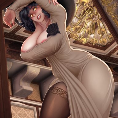 capcom, resident evil, resident evil 8: village, alcina dimitrescu, mwood, arched back, areola slip, black hair, breasts, chandelier, cleavage, clothed, curvy, dress, fangs