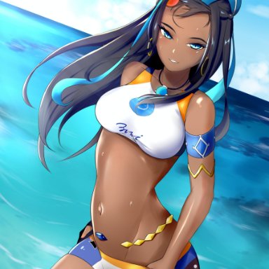 pokemon, pokemon ss, nessa (pokemon), guxu, 1girls, bare arms, bare legs, bare shoulders, bare thighs, black hair, blue eyes, blue hair, breasts, curvaceous, curvy