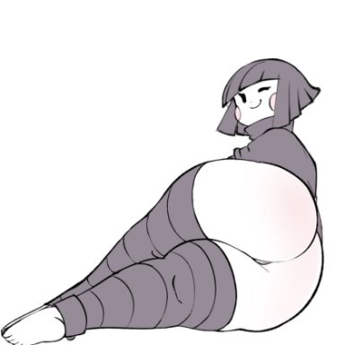 undertale, chara, dinomite (artist), 1girls, ass, bottomless, crossed legs, fat ass, feet, hairless pussy, half-dressed, laying down, pussy, red ass, simple background