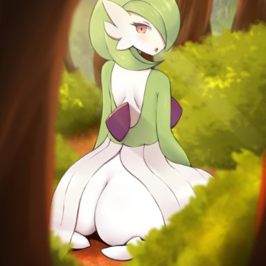 game freak, nintendo, pokemon, gardevoir, fraankyy, androgynous, ass, blush, bob cut, bushes, creatures inc., curvaceous, dress, exposed ass, feet