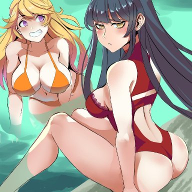 rwby, blake belladonna, yang xiao long, krius-ol, 2girls, ass, belly button, big breasts, bikini, bikini bottom, bikini top, black hair, blonde hair, blush, breasts