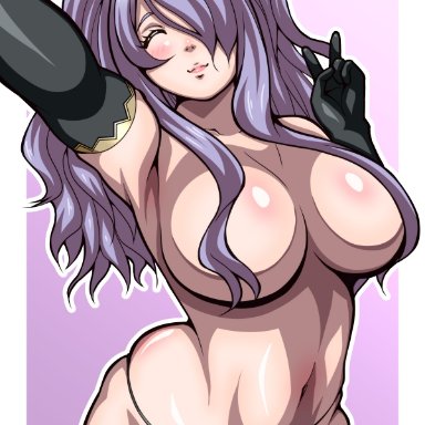 fire emblem, fire emblem fates, nintendo, camilla (fire emblem), inabakun00, 1girls, alternate hairstyle, black panties, closed eyes, covered nipples, elbow gloves, facing viewer, gloves, horns, large breasts