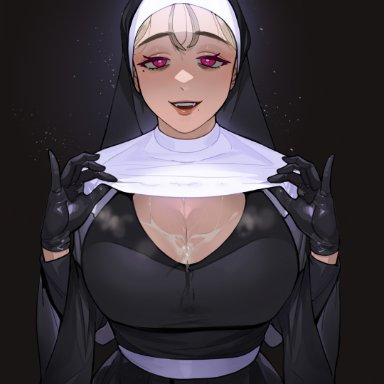 original, sohn woohyoung, :d, after paizuri, bangs, black dress, black gloves, blonde hair, breasts, bright pupils, capelet, cleavage, coif, cum, cum on body