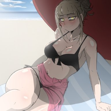 my hero academia, himiko toga, fishywishy, 1girls, beach, beach towel, bikini, blonde hair, blush, breasts, cleavage, female, female only, glowing eyes, large breasts