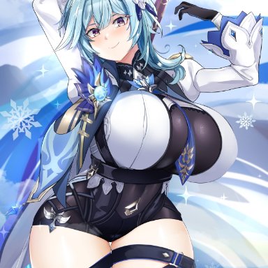 genshin impact, eula (genshin impact), tnolize, belly button, big breasts, big thighs, blue, blush, curvy, gigantic breasts, gloves, happy, hourglass figure, huge breasts, large breasts