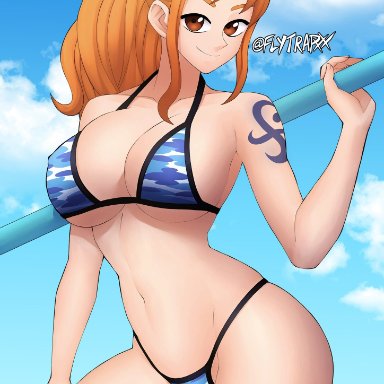 one piece, nami, flytrapxx, 1girl, bikini, breasts, female, looking at viewer, medium hair, nipples visible through clothing, orange eyes, orange hair, outdoors, outside, solo