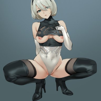 nier, nier: automata, nier (series), yorha 2b, yang-do, black boots, breasts, cameltoe, cutout, female, green eyes, high heels, looking at viewer, medium hair, mole under mouth