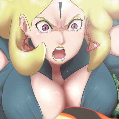 boruto: naruto next generations, naruto, shounen jump, delta (boruto), uzumaki naruto, eeshin (eishin5584), 1girls, angry, blonde hair, cleavage, earrings, eyeshadow, forehead mark, huge breasts, makeup