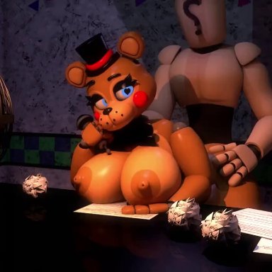 five nights at freddy's, five nights at freddy's 2, toy freddy (fnaf), ass, bear, big ass, big breasts, big butt, black hat, blue eyes, blush, breasts, brown body, brown skin, butt