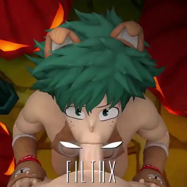 my hero academia, izuku midoriya, filthx, :&gt;=, animal ears, blowjob, deepthroat, dog boy, dog ears, dog tail, eye contact, fellatio, fingerless gloves, gay, green hair