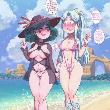disney, disney channel, star vs the forces of evil, eclipsa butterfly, moon butterfly, peonymami, 2girls, beach, bikini, blue eyes, blush, clouds, female only, green hair, hat