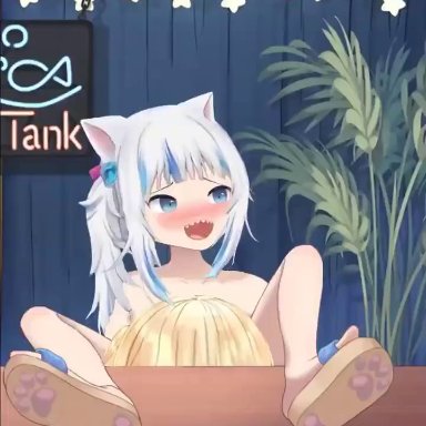 hololive, hololive english, gawr gura, watson amelia, 2girls, blonde hair, blush, cat ears, cursed, hair ornament, heavy breathing, implied oral, legs on table, lesbian, light-skinned female