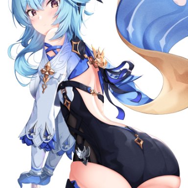 genshin impact, eula (genshin impact), eula lawrence, ass, bare shoulders, blue hair, blush, breasts, cape, female, from behind, gloves, hairband, huge ass, lancheu