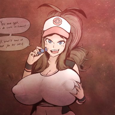 nintendo, pokemon, pokemon bw, hilda (pokemon), critnuke, 1girls, big breasts, blue eyes, breast expansion, brown hair, erect nipples under clothes, female, female only, female solo, hat