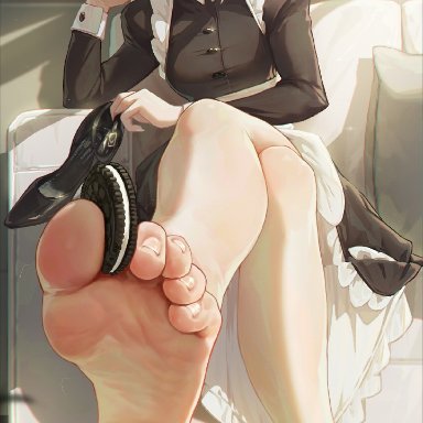 arknights, oreo, kal'tsit (arknights), sandwich cookie, ice (dzs1392584271), bangs, bare legs, barefoot, black dress, black ribbon, blush, breasts, chinese commentary, cookie, dress