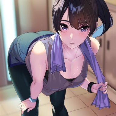 original, kagematsuri, 1girls, black hair, blush, cleavage, female, hair between eyes, indoors, leaning forward, leggings, looking at viewer, mole on breast, ponytail, purple eyes