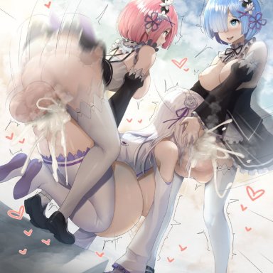 emilia (re:zero), ram (re:zero), rem (re:zero), sinensian, 1girls, 2futas, anal, anal sex, big ass, big balls, big breasts, big butt, big penis, blowjob, blue eyes