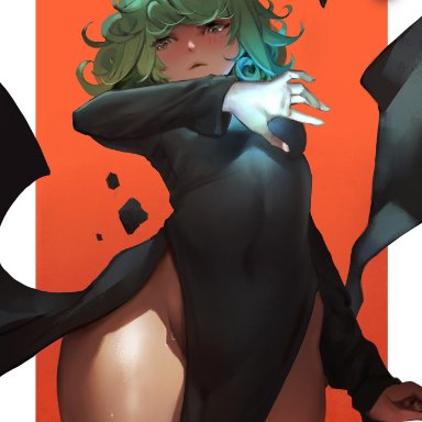 one-punch man, tatsumaki, dako, 1girls, belly, belly button, big thighs, black dress, blush, clothed, clothing, crotch, crying, crying with eyes open, curly hair