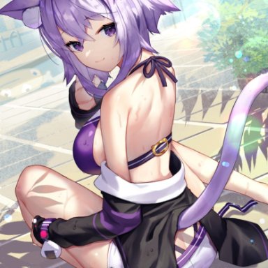 hololive, nekomata okayu, ass, back, back view, bangs, behind view, blush, bracelet, cat ears, cat girl, cat tail, catgirl, looking at viewer, looking back