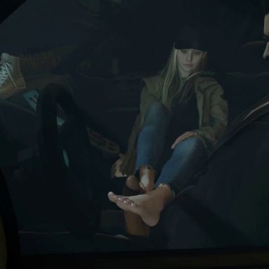 resident evil, resident evil 8: village, rosemary winters, oscarkim123, 1boy, 1girls, barefoot, black glasses, black hair, blonde hair, car, feet, foot fetish, footjob, hat