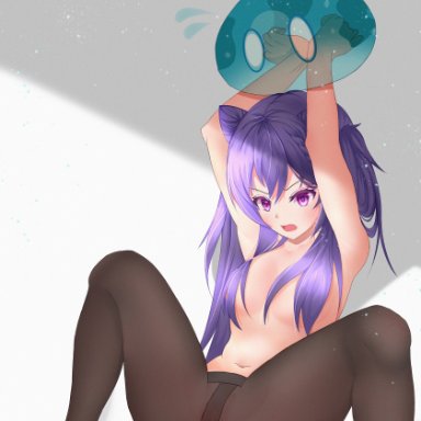 genshin impact, keqing (genshin impact), 1girls, arms tied above head, hair covering breasts, helpless, open mouth, pantyhose, pinned, pubic hair, purple eyes, slime, slime monster, spread legs, stuck