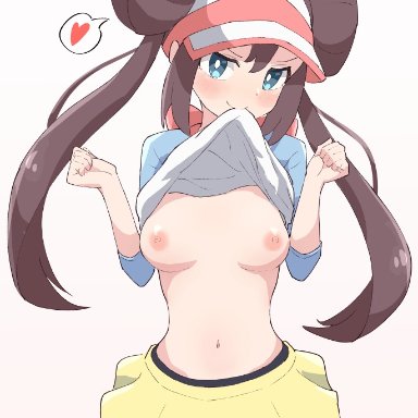 creatures (company), game freak, nintendo, pokemon, pokemon (game), pokemon bw2, rosa (pokemon), azudai, 1girls, areolae, bangs, belly button, black legwear, blue eyes, blush