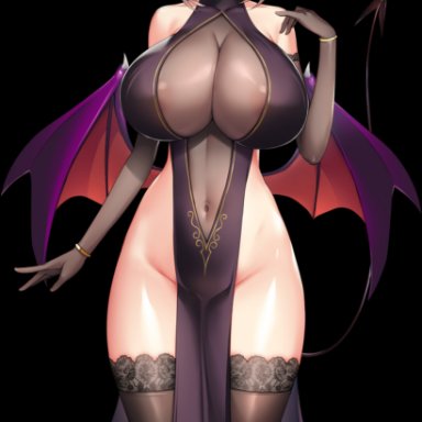 derauea, areola slip, armwear, asymmetrical bangs, bangs, bare shoulders, big breasts, blush, blushing, breasts, demon girl, demon horns, demon tail, demon wings, elbow gloves