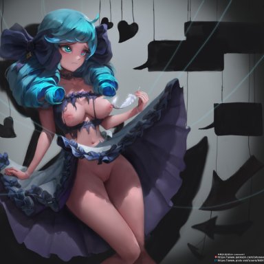 league of legends, gwen (league of legends), oh-yeeeeeah, 1girls, blue eyes, blue hair, breasts, dress lift, drill hair, exposed breasts, feathers, hair ornament, inverted nipples, torn clothes