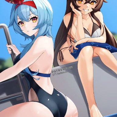 genshin impact, amber (genshin impact), eula (genshin impact), ett, 2girls, ass, bikini, blue hair, breasts, brown hair, cleavage, clothed, female, female only, hair ornament