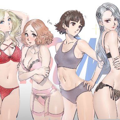 atlus, persona, persona 5, ann takamaki, haru okumura, makoto niijima, sae niijima, poechan, 4girls, blonde hair, brown hair, female only, lingerie, long hair, red eyes