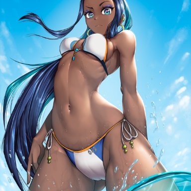 pokemon, nessa (pokemon), unsfrau, 1girls, abs, athletic, bare arms, bare legs, bare midriff, bare shoulders, bare thighs, black hair, blue eyes, blue hair, breasts