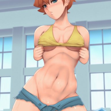 pokemon, pokemon rgby, kasumi (pokemon), zelc-face, abs, blue eyes, blush, denim, denim shorts, legs, navel, orange hair, ponytail, red hair, shorts