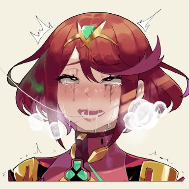 nintendo, xenoblade (series), xenoblade chronicles 2, pyra, nyantcha, thiccwithaq, 1girl, ahe gao, bangs, blush, crying, eyes rolling back, heart-shaped pupils, red eyes, red hair