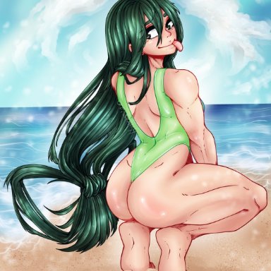 my hero academia, froppy, tsuyu asui, hvalross, 1girls, ass, ass cheeks, beach, female, female focus, female only, female solo, green hair, long hair, looking over shoulder