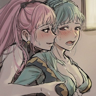 fire emblem, fire emblem: three houses, nintendo, hilda valentine goneril, marianne von edmund, artist request, 2girls, big breasts, blue hair, blush, breast grab, brown eyes, cleavage, double breast grab, female only