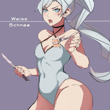 rwby, weiss schnee, krius-ol, 1girl, blue eyes, breasts, cake, fat ass, female, fork, knife, leotard, looking at viewer, open mouth, ponytail