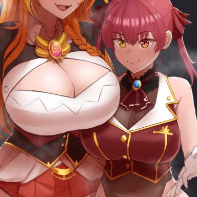 hololive, houshou marine, kiryuu coco, aestheticc-meme, 2girls, breasts, cleavage, female, female only, huge breasts, looking at viewer, thick thighs, wide hips, absurdres, highres