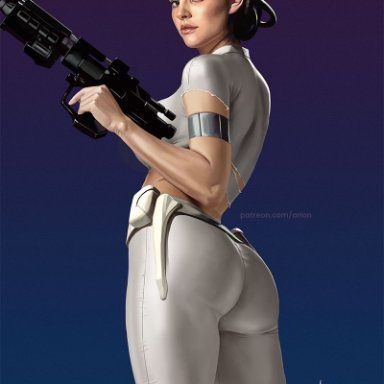 attack of the clones, star wars, padme amidala, arion69, 1girls, armlet, ass, belt, blue background, brown hair, clothed, clothing, female, female only, gun