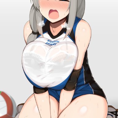 uzaki-chan wa asobitai!, uzaki tsuki, jakko, 1girls, arms between legs, black bra, blush, bra visible through clothes, breasts, closed eyes, elbow pads, exposed shoulders, female, female focus, female only