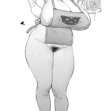 thirty 8ght, apron, apron only, beer, beer mug, chubby, curvy, food, huge ass, huge breasts, milf, naked apron, partially visible areolae, pubic hair, simple background