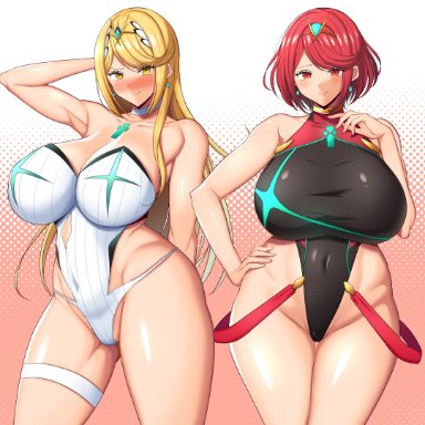 nintendo, xenoblade (series), xenoblade chronicles 2, mythra, pyra, tanaken, 2girls, arm behind back, arm behind head, big breasts, blonde hair, blush, blushing at viewer, breasts, ear piercing