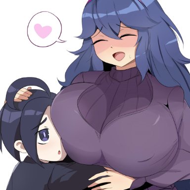 game freak, nintendo, pokemon, allister (pokemon), hex maniac, cuteakita, 1boy, 1girls, ahoge, big breasts, blue hair, eyebrows visible through hair, hairband, heart, huge breasts