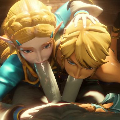 breath of the wild, nintendo, the legend of zelda, link, prince sidon, princess zelda, zora, mrlolzies101, anthro, blonde hair, bodily fluids, clothing, diphallism, double fellatio, double oral