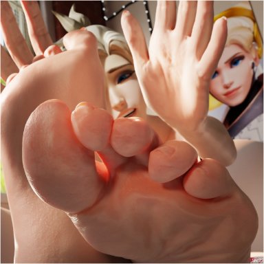 blizzard entertainment, overwatch, mercy, wtsnacks1, 1girl, blonde hair, feet, female, female only, foot fetish, foot focus, sitting, soles, solo, toes