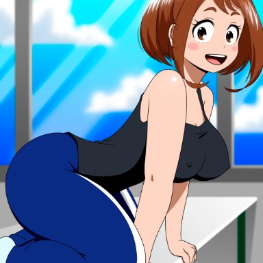 my hero academia, ochako uraraka, drakonaskar, booty, classroom, legs, schoolgirl, schoolgirl uniform, sexy, smile, socks, sport, sportswear, patreon