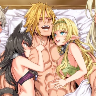 how not to summon a demon lord, edelgard, krebskrum, rem galleu, shera l greenwood, asanagi, mirakichi, 1boy, 4girls, abs, asleep, bed, big breasts, blonde hair, cat ears